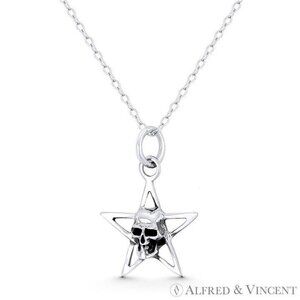 Skull / Skeleton Head on 5-Pointed Star Charm in Oxidized .925 Sterling Silver